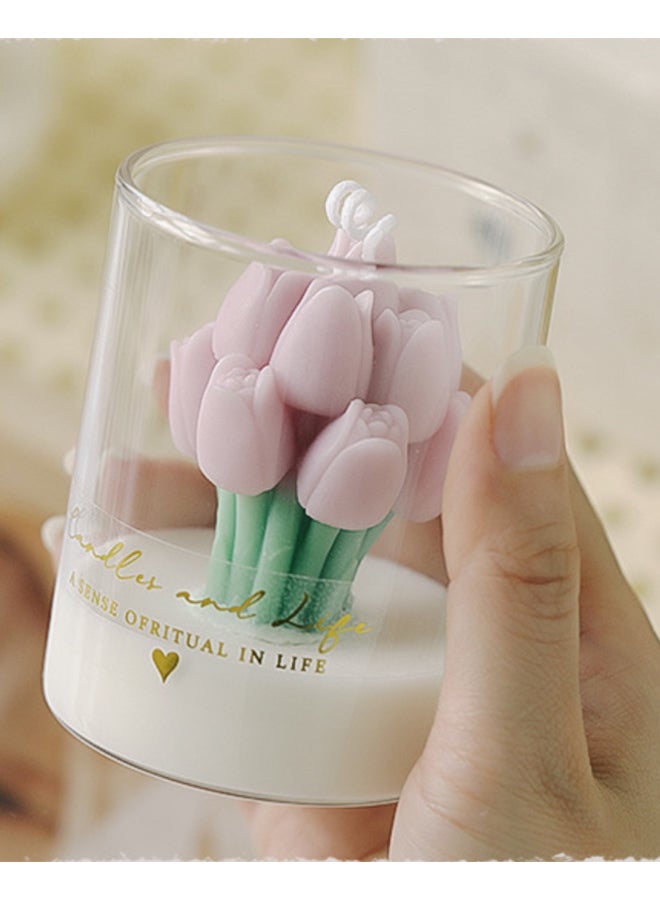 شمعة معطرة على شكل كأس توليب - برائحة زهرة الموراندي الوردية، والأوريجانو، والنرجس - شمعة علاجية طبيعية من شمع الصويا للاسترخاء المنزلي، وديكور غرفة النوم، وهدية لها - Image 1